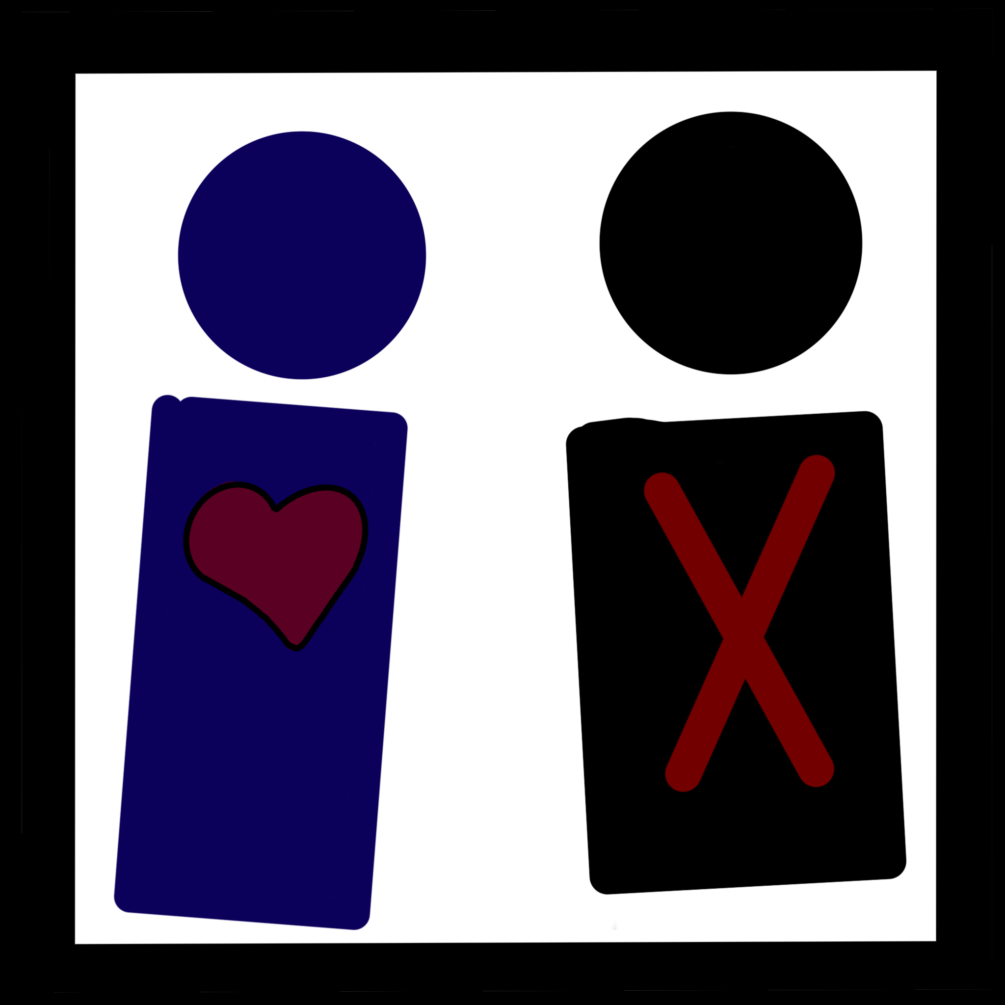 A black square with a drawing of two people in it The person on the left is blue with a red heart on their chest The person on the right is black and has a red X on their chest